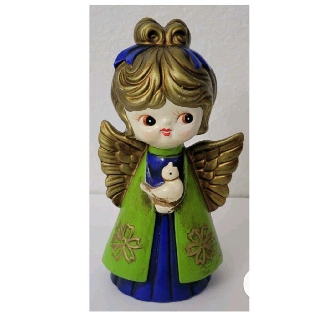 VTG HOLT HOWARD Chalkware Christmas Angel Green Blue Holding Bird Wings Japan 55 - Picture 2 of 14